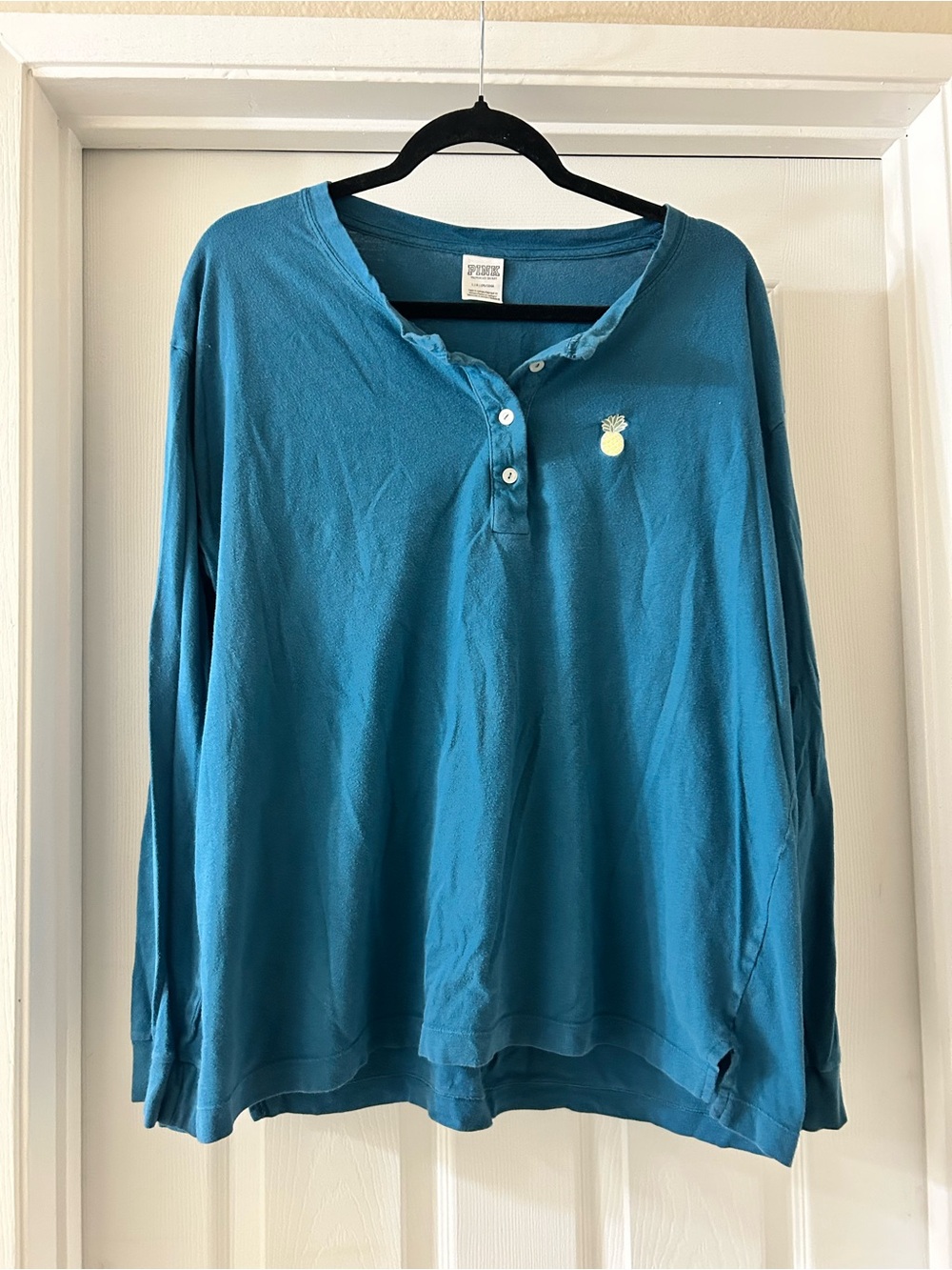 PINK Victoria's Secret Teal Long-Sleeve Henley with Pineapple Patch